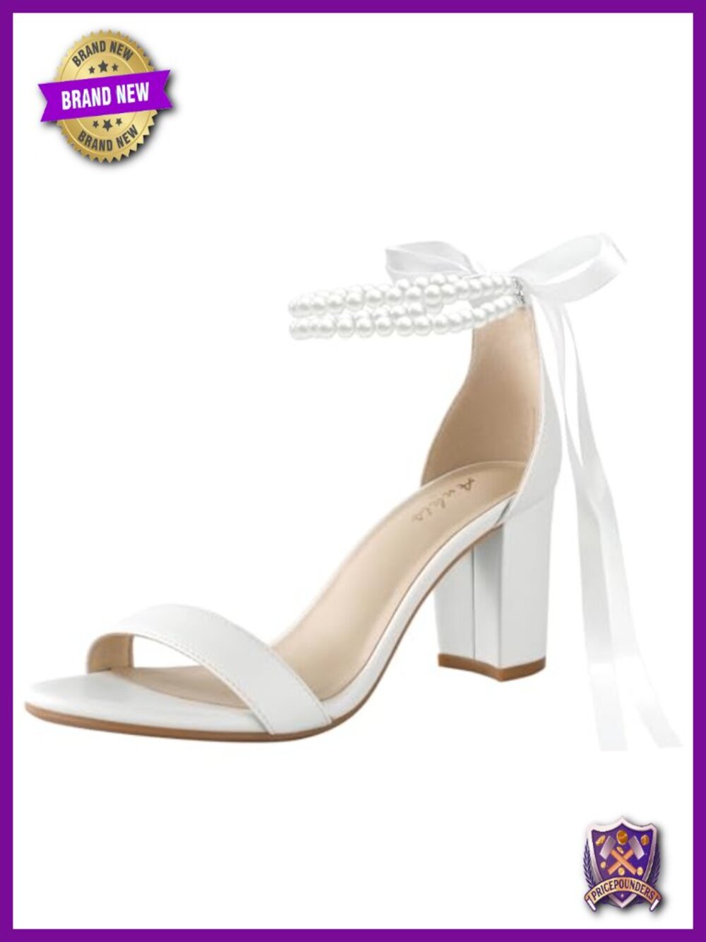 White Chunky Heels Wedding Shoes for Bride Pearl Bow Heeled Sandals 2.75 Inch